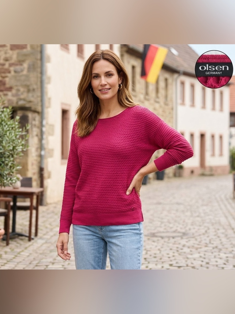 OLSEN Magenta Pink Waffle Knit Sweater Size XL / US 16 Boat Neck Drop Shoulder